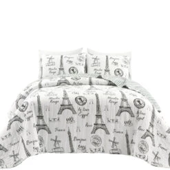 Paris Bonjour Reversible Cotton Quilt Black/White 3Pc Set King
