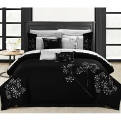 Chic Home 3391K07US Floral Black & White King 12 Piece BedBag Embroidered Comforter Set With 4 Piece Sheet Set