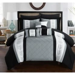 Chic Home Jack Pintuck Pieced Color Block Embroidery BedBag Comforter Set With Sheets Grey Twin 8 Piece