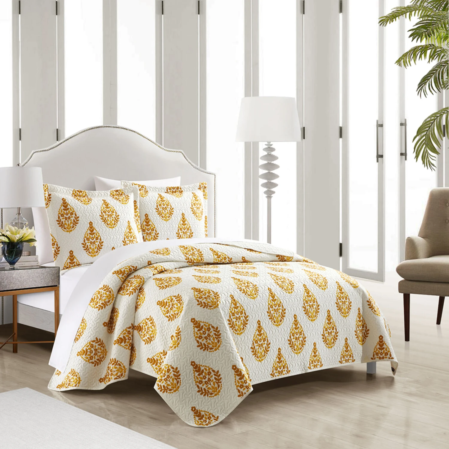 Chic Home Breana Quilt Set Floral Medallion Print Design Bedding Yellow 3 Chic Home Breana Quilt Set Floral Medallion Print Design Bedding Yellow - Image 3