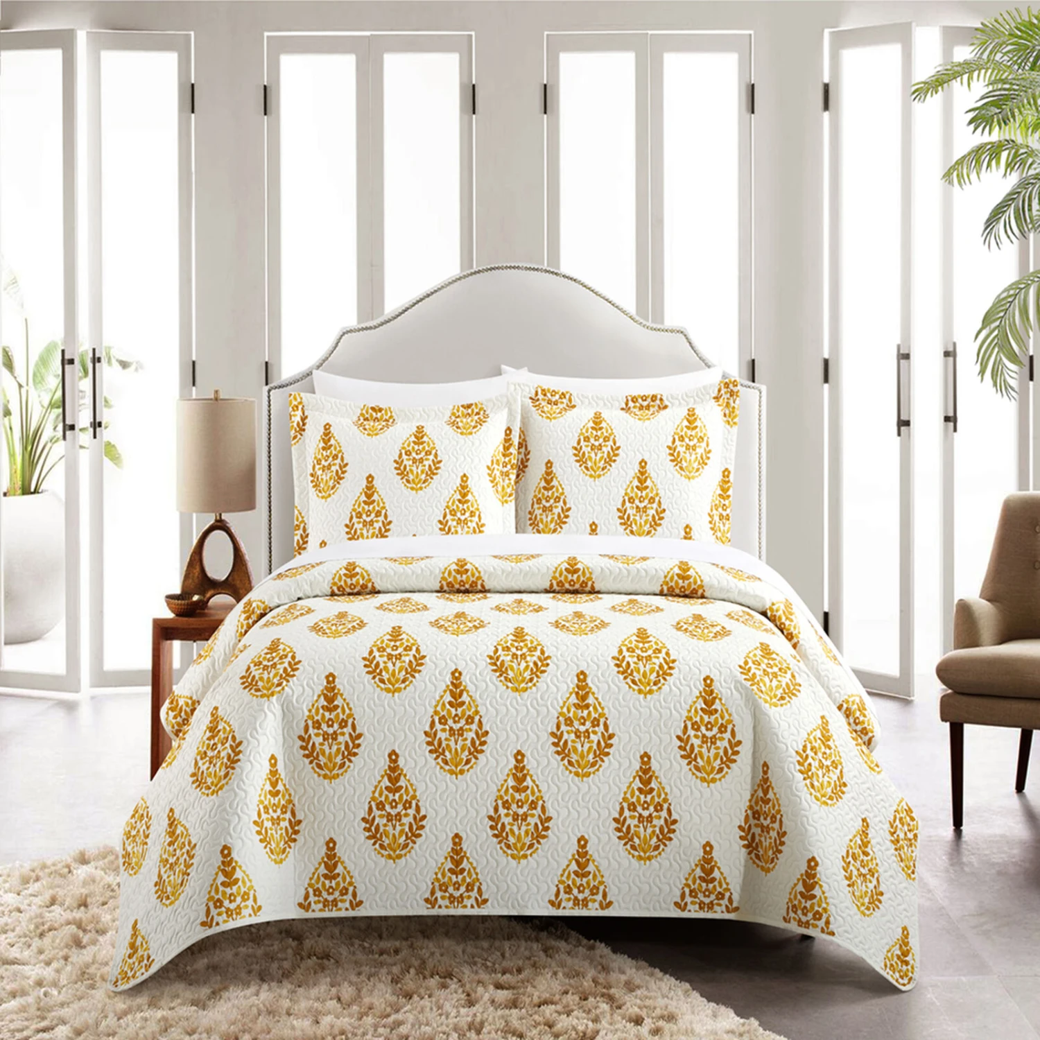 Chic Home Breana Quilt Set Floral Medallion Print Design Bedding Yellow 2 Chic Home Breana Quilt Set Floral Medallion Print Design Bedding Yellow - Image 2