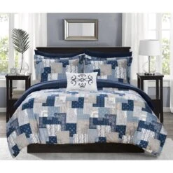 Chic Home Maureen 8 Piece Reversible Comforter Set Patchwork Bohemian Paisley Print Design BedBag Sheet Set Pillowcases Decorative Pillow Shams Included, King , Blue & White