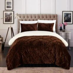 Chic Home Enzo Pinch Pleated Ruffled & Pin Tuck Sherpa Lined BedBag Comforter Set King 3 Piece