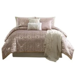 Eve 10 Piece Poly Velvet Comforter Set, Foil Pattern, Blush Pink-Benzara