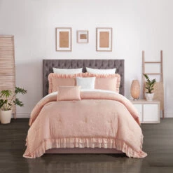 Chic Home Kensley Comforter Set Washed Crinkle Ruffled Flange Border Design Bedding Blush, Queen