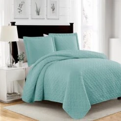 RT Designers Collection Bella 3pc Pinsonic Premium Quality All Year Round Quilt Set For Revitalize Bedroom King Aqua