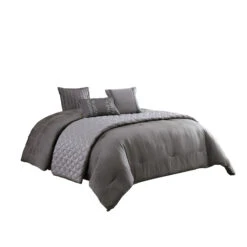 10 Piece Queen Polyester Comforter Set With Geometric Print, Gray-Benzara