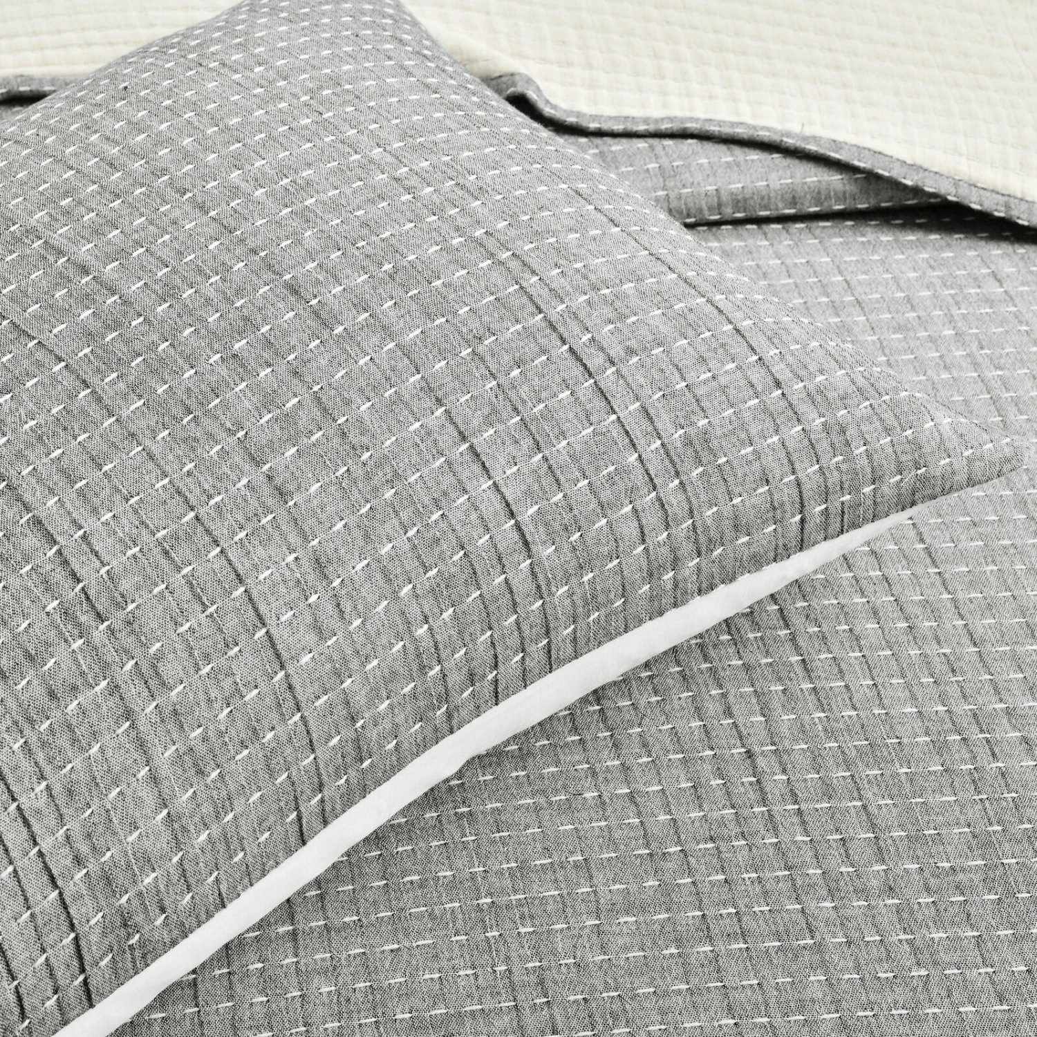 Solid Kantha Pick Stitch Yarn Dyed Cotton Woven Quilt/Coverlet 3Pc Set 5 Solid Kantha Pick Stitch Yarn Dyed Cotton Woven Quilt/Coverlet 3Pc Set - Image 5