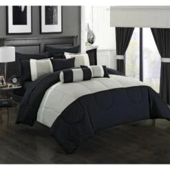 Chic Home 20 Piece Sdon Complete Pieced Color Block Bedding, Sheets, Window Panel Collection Queen BedBag Comforter Set, Black Sheets