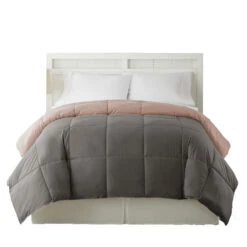 Genoa Twin Size Box Quilted Reversible Comforter The Urban Port, Gray And Pink-Benzara